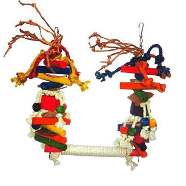Large Rope Swing with Wood Blocks and Leather Bird Toy
